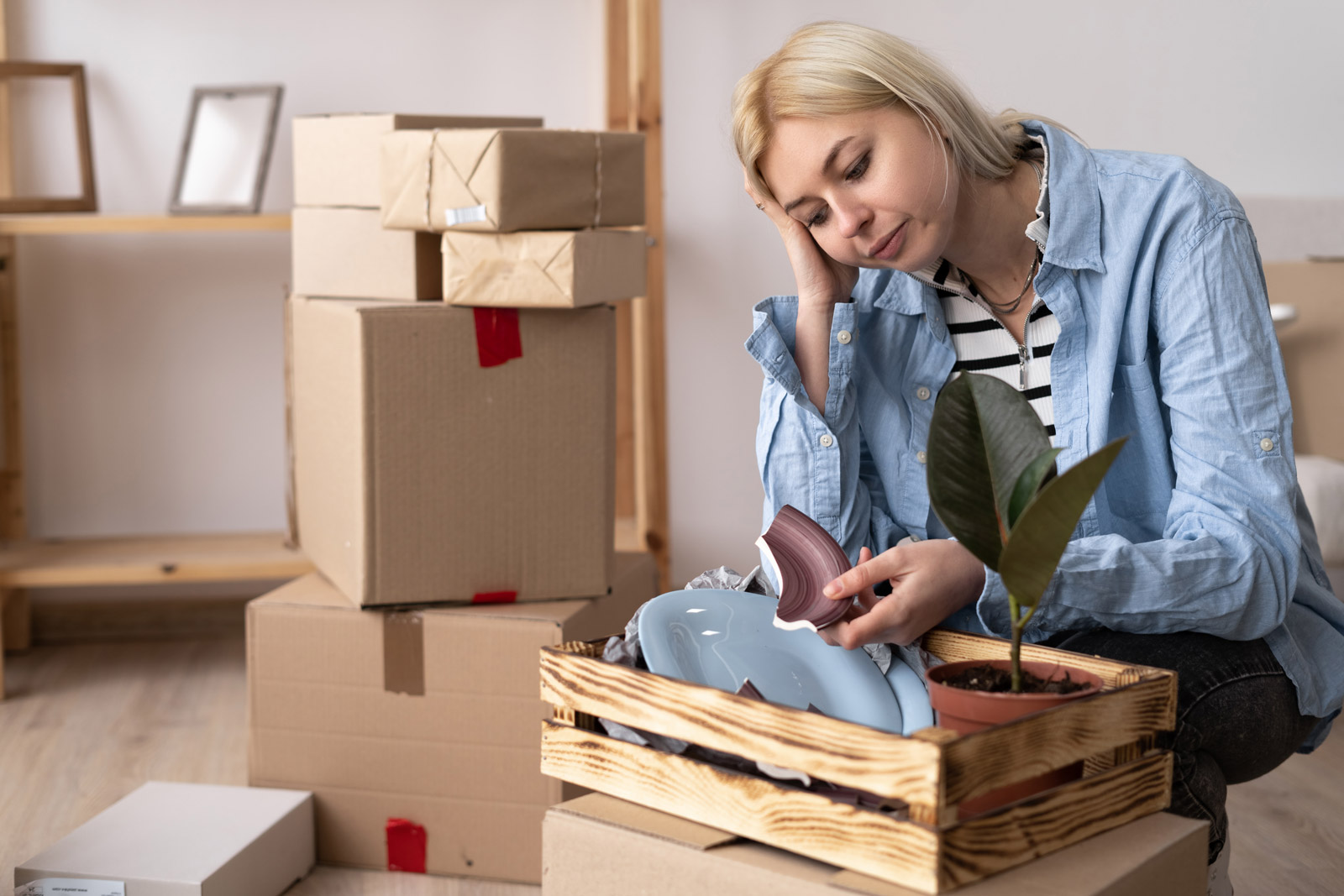 Portrait of unhappy modern woman in t-shirt near cardboard box with a broken dish on background