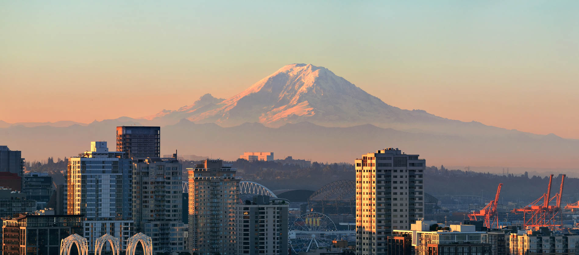 Mount Rainier and Seattle city architecture panorama