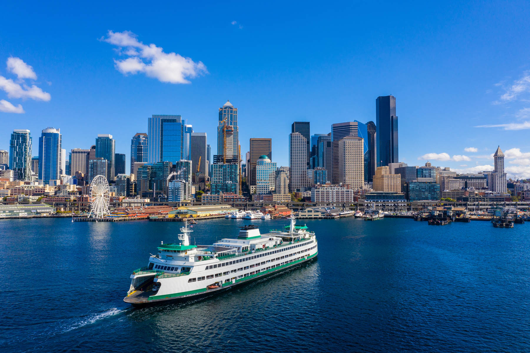 Aerial drone photo of a ferry arriving in Seattle Washington