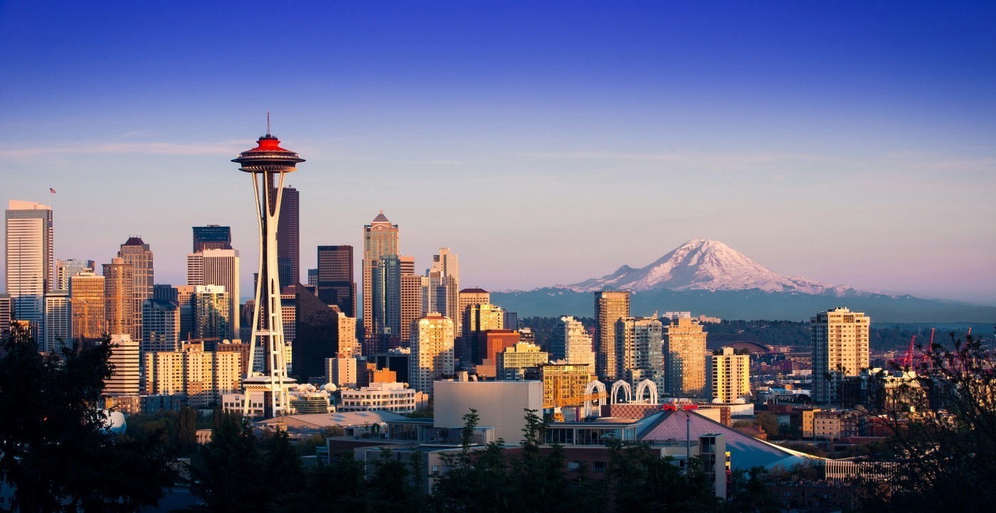 Seattle skyline with mountain in background
